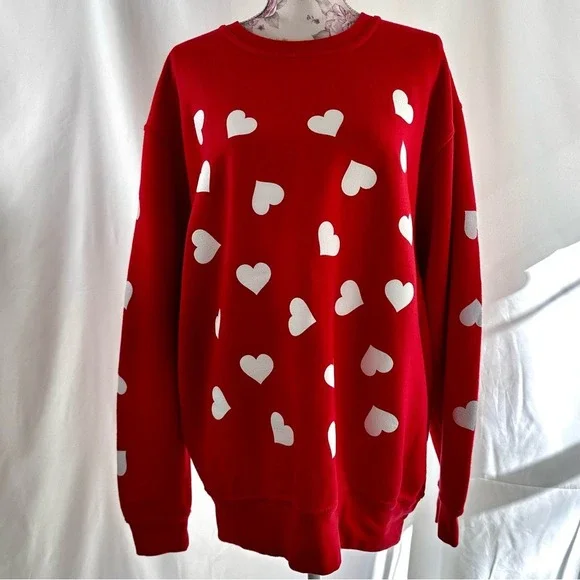 ❤️ Heart Print Sweatshirt Women's XL Red White Maximalist Dopamine Love‎ - Picture 6 of 16